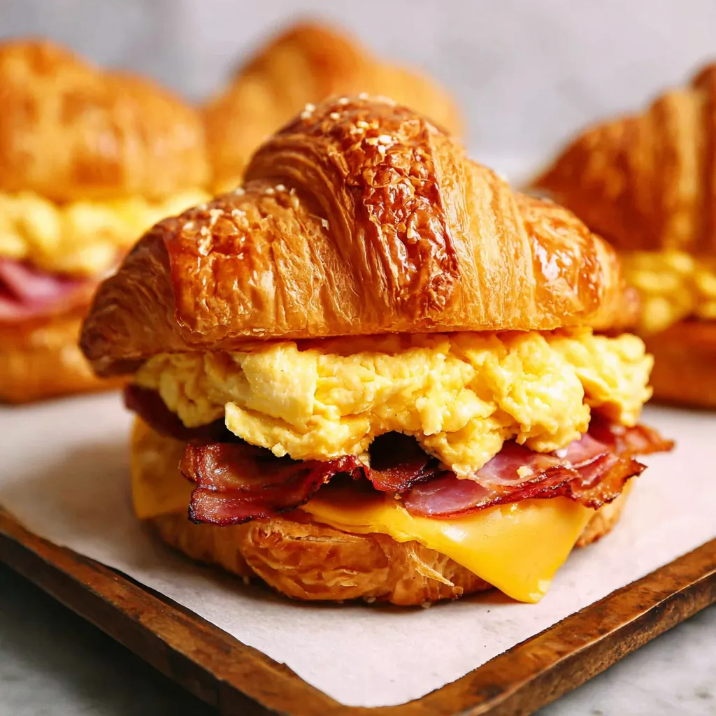 A croissant breakfast sandwich with egg, bacon and cheese.