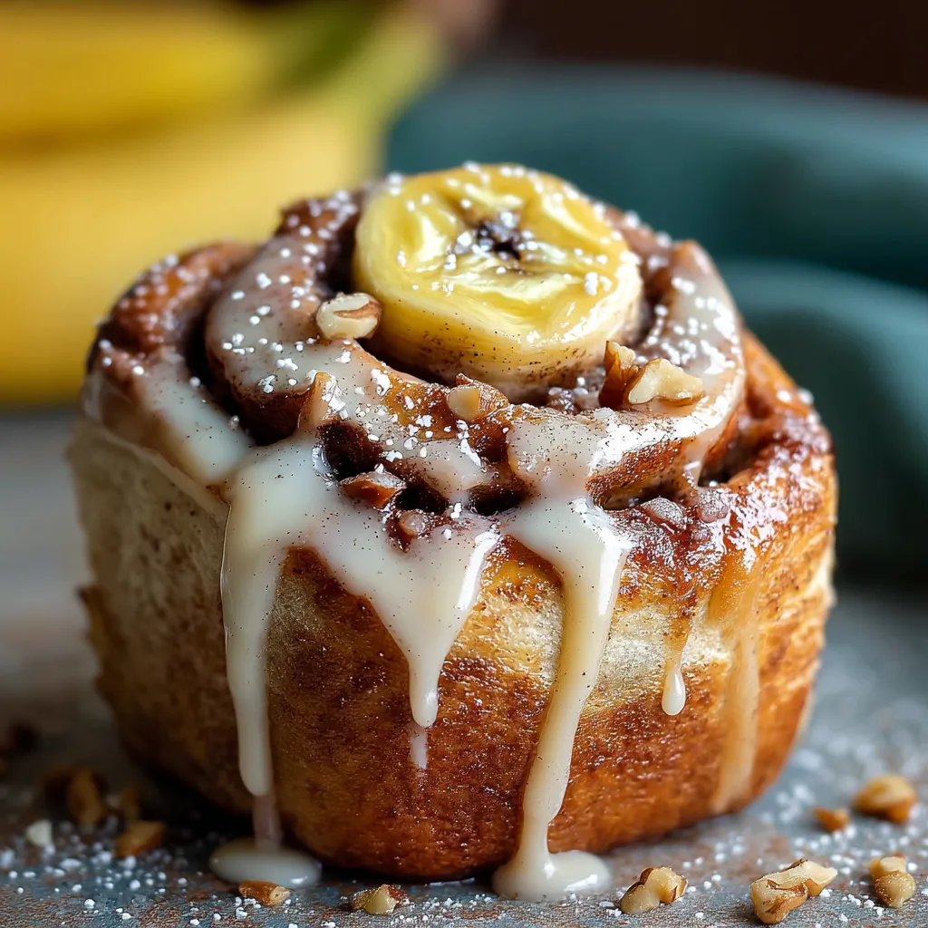 A cinnamon roll with bananas on top.