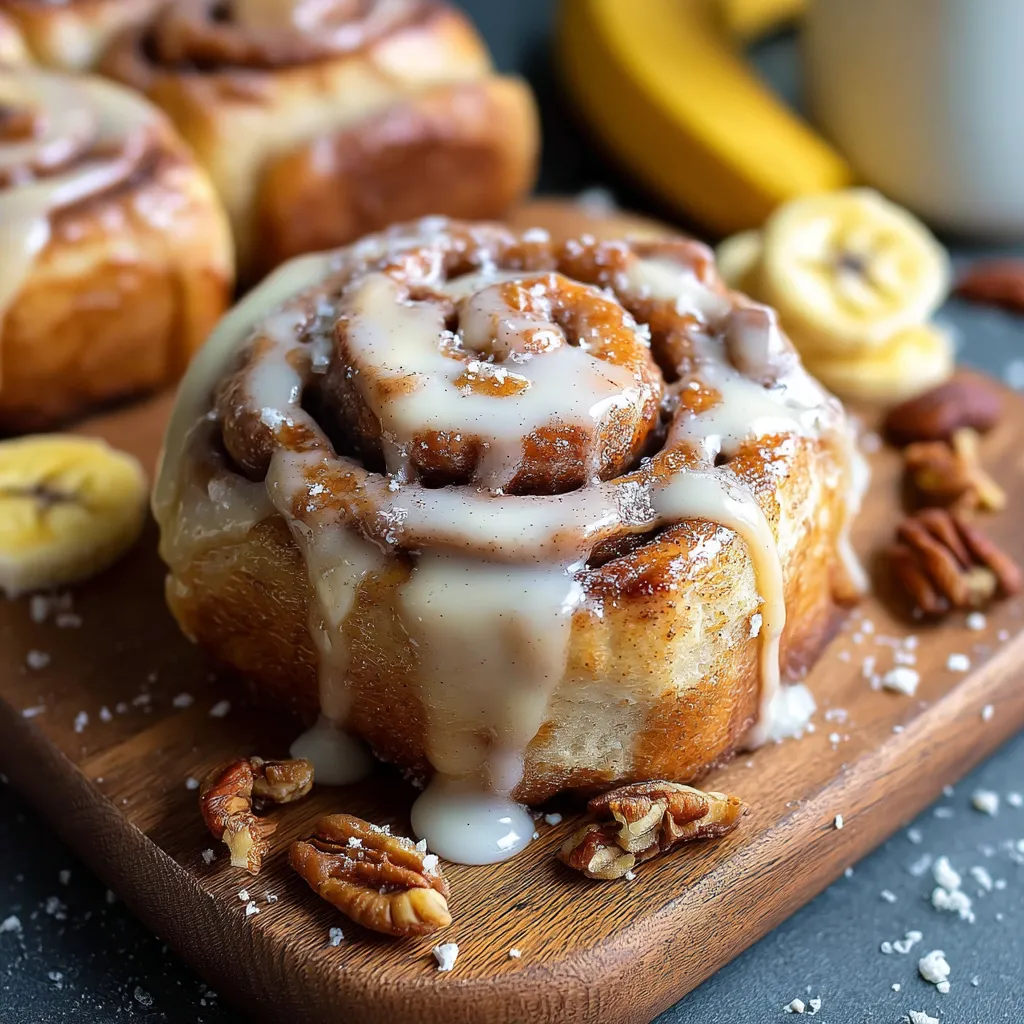 A plate of cinnamon rolls with bananas on top.