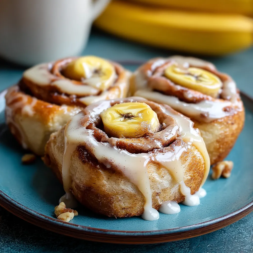 Three cinnamon rolls with bananas on top.