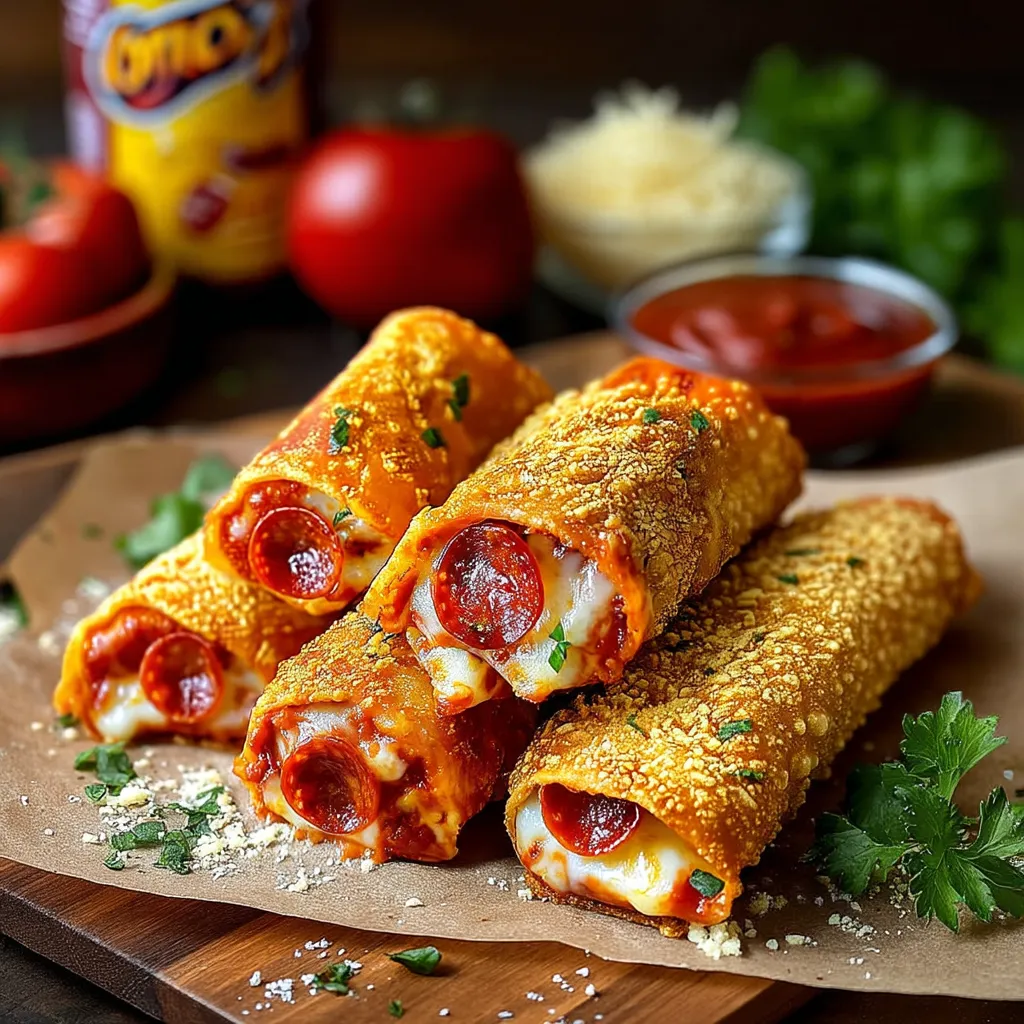 Two Doritos-Crusted Pizza Rolls on a table.
