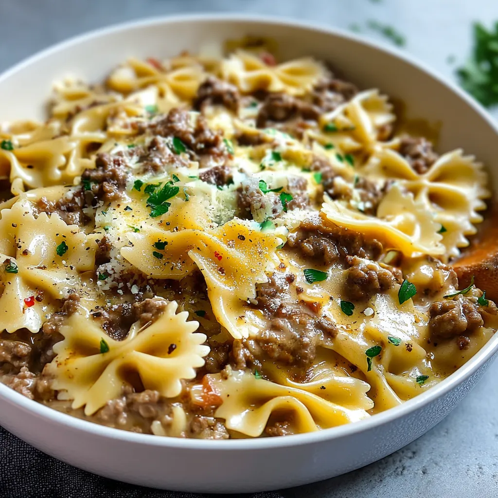 A bowl of creamy Parmesan garlic beef bowtie pasta.
