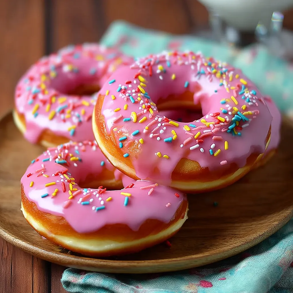Three donuts with pink frosting and sprinkles.