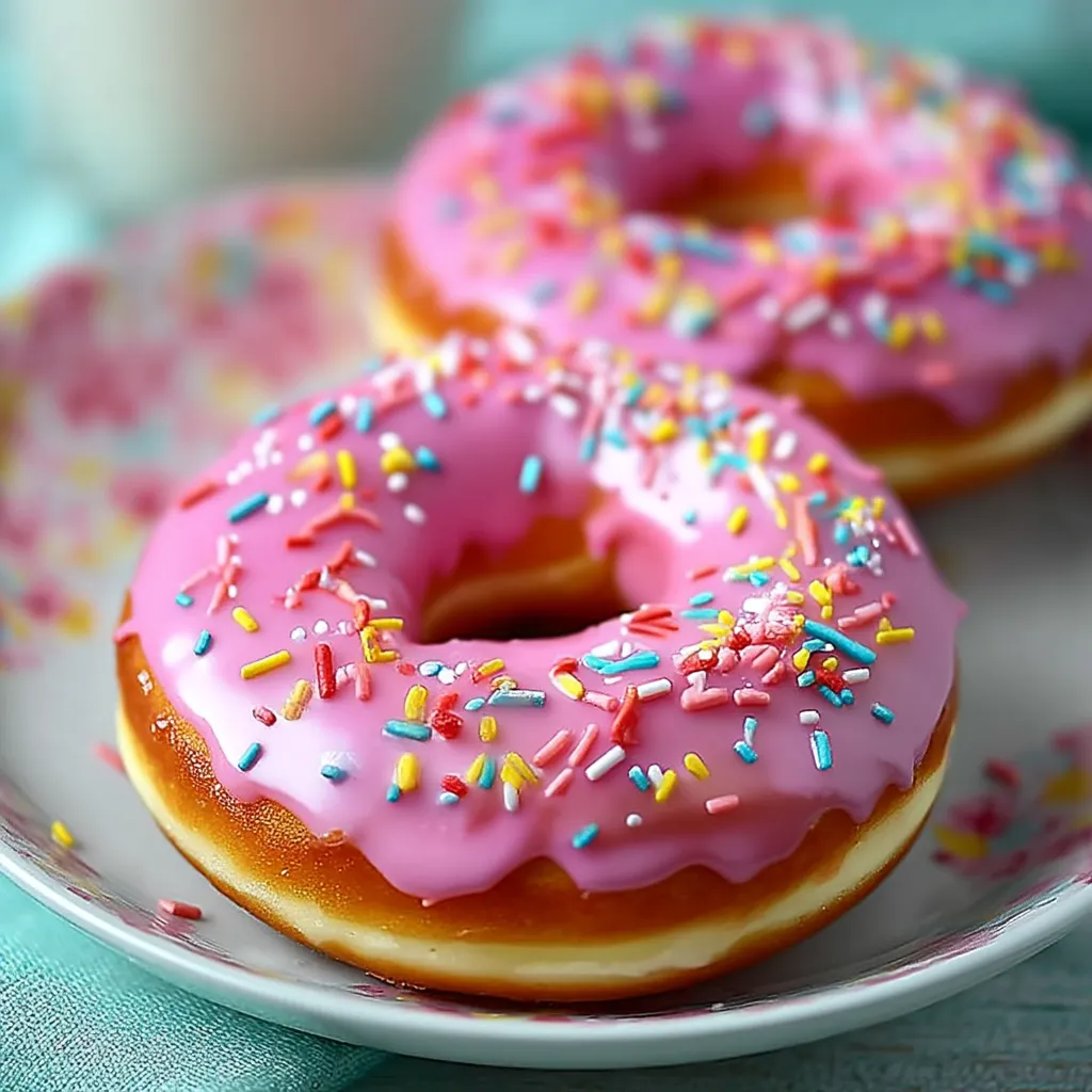 Two pink donuts with sprinkles on a plate.