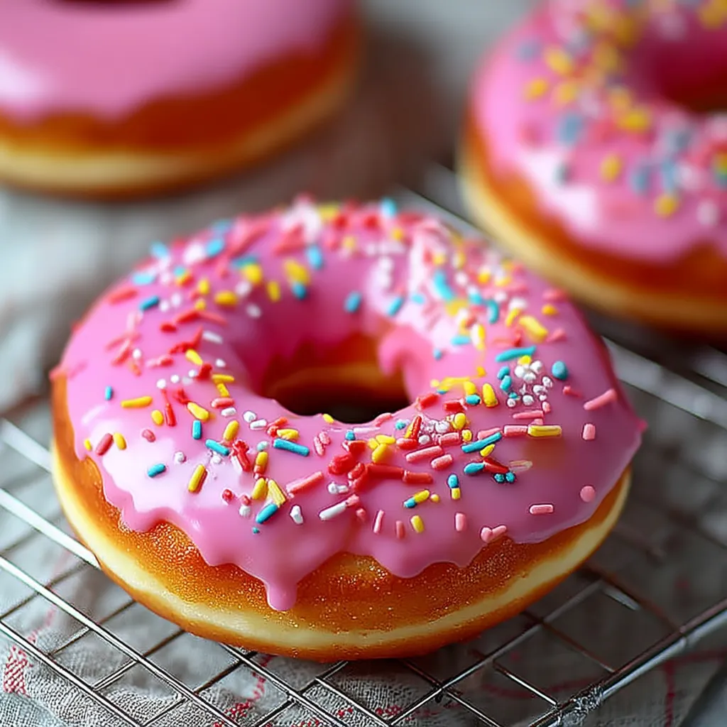 A pink donut with sprinkles on a cooling rack.