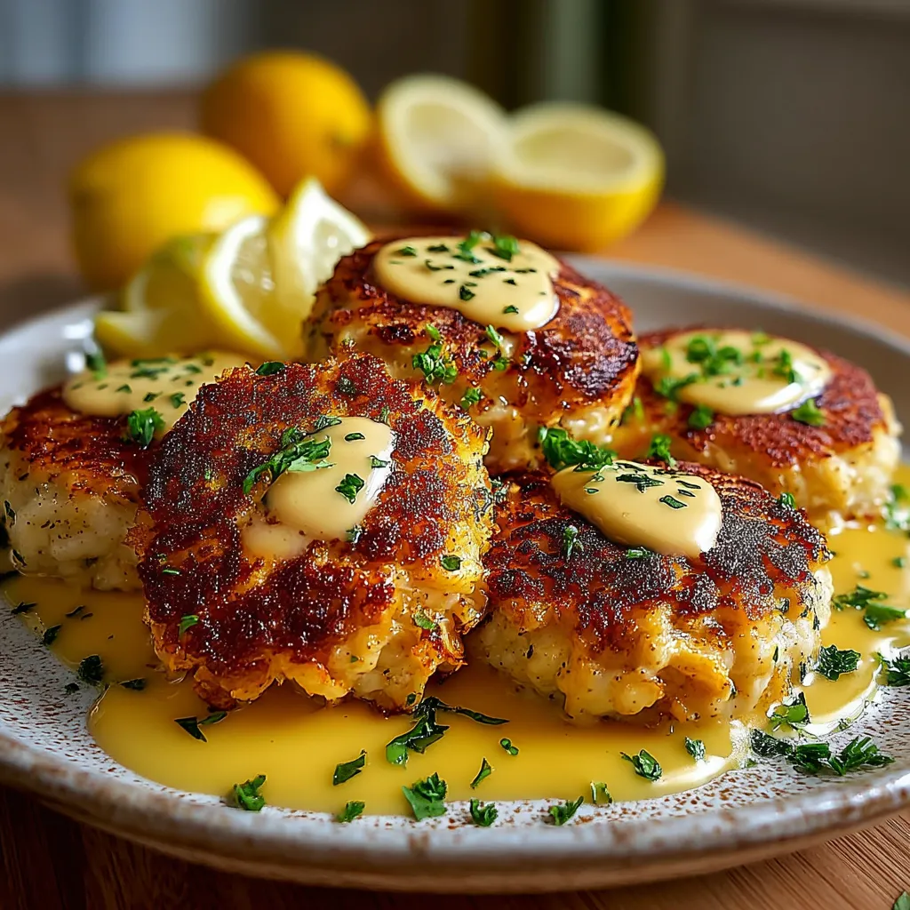 A plate of crab cakes with lemon butter drizzle.