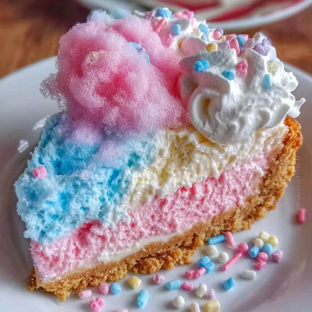 A slice of cotton candy cheesecake with pink, blue, and yellow frosting.