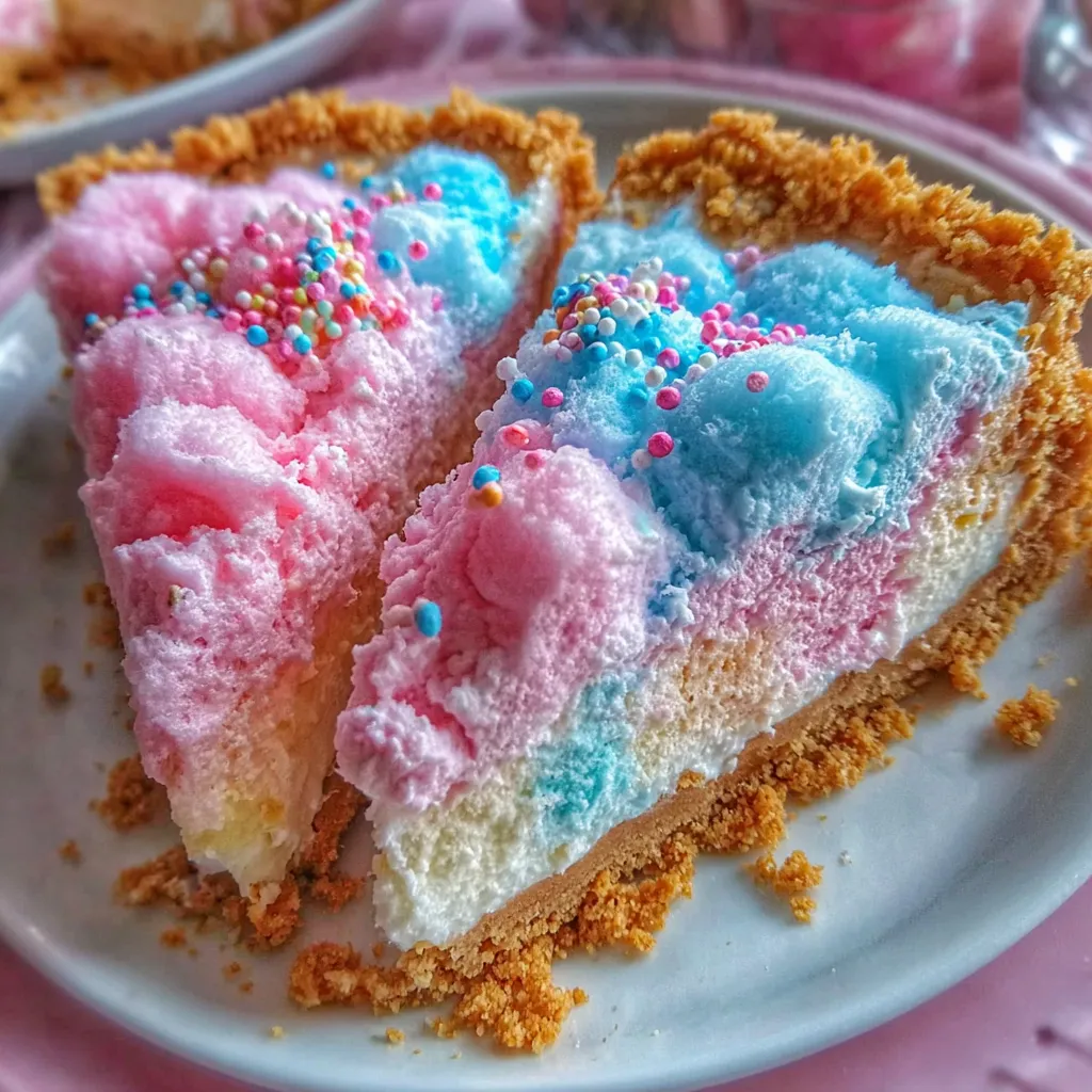 A slice of cotton candy cheesecake on a plate.