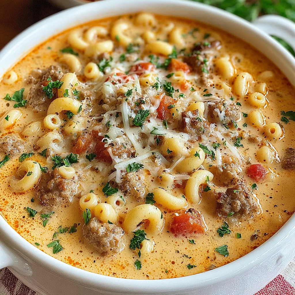 A bowl of creamy Parmesan Italian sausage ditalini soup.