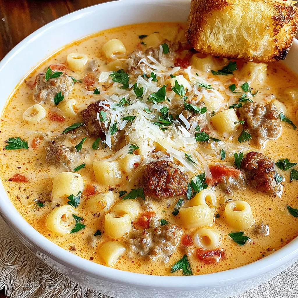 A bowl of creamy Parmesan Italian sausage ditalini soup.
