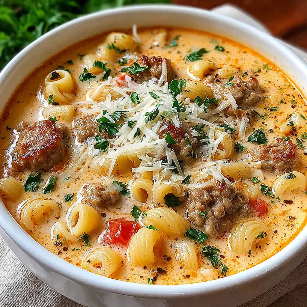 A bowl of creamy Parmesan Italian sausage ditalini soup.