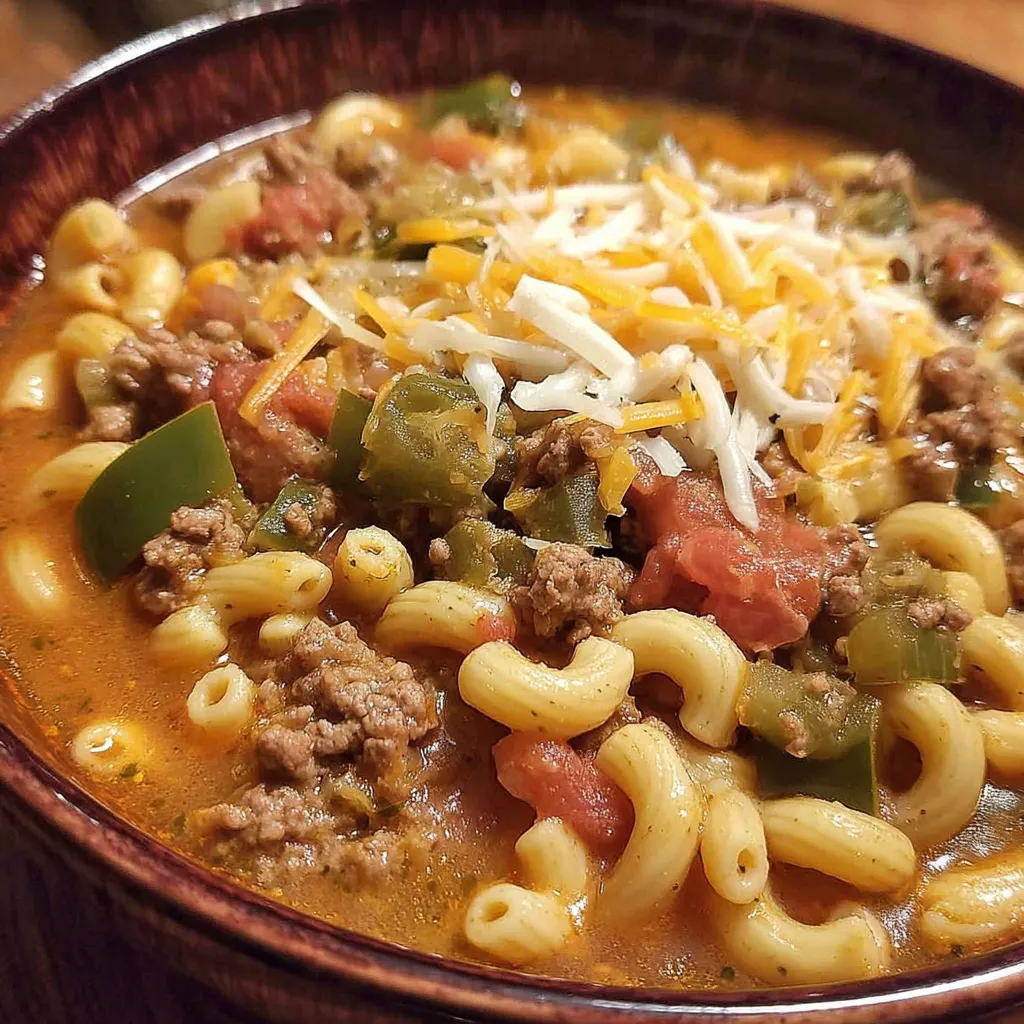 A bowl of soup with meat and cheese.