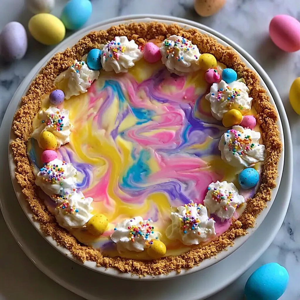 A colorful pie with a swirl pattern and a yellow center.