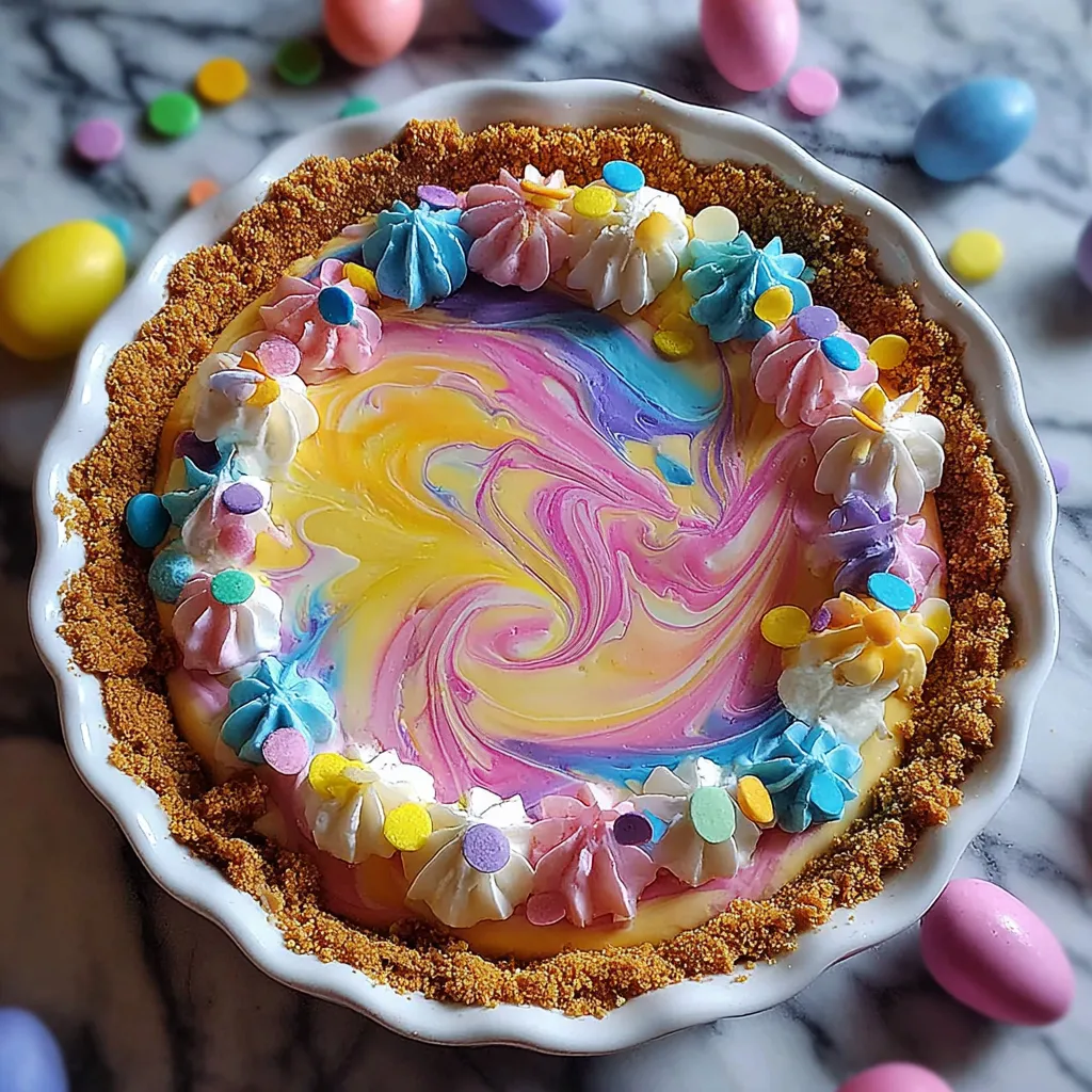 A pie with a yellow, pink, and blue swirl on top.