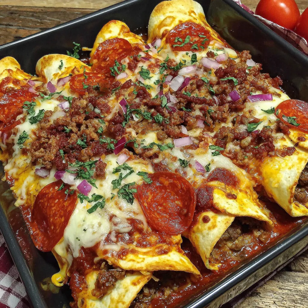 A dish of pizza enchiladas with pepperoni and cheese.