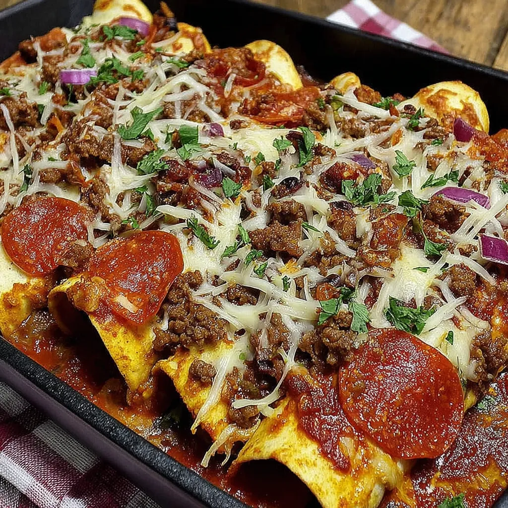 A dish of pizza enchiladas with pepperoni and cheese.
