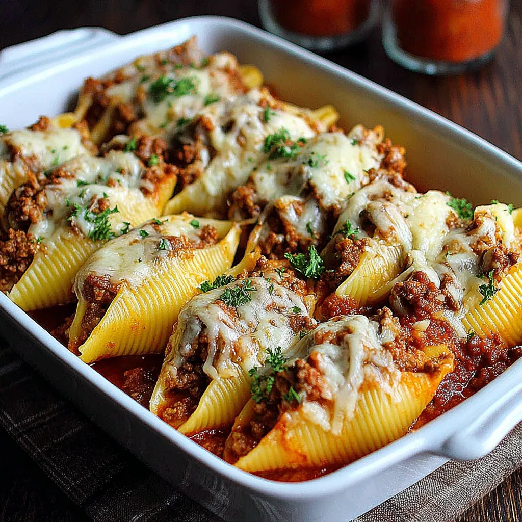 A dish of creamy ricotta beef stuffed shells pasta.