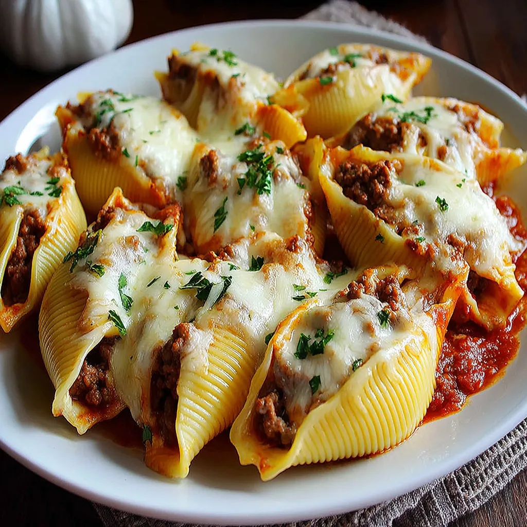 A plate of creamy ricotta beef stuffed shells pasta.