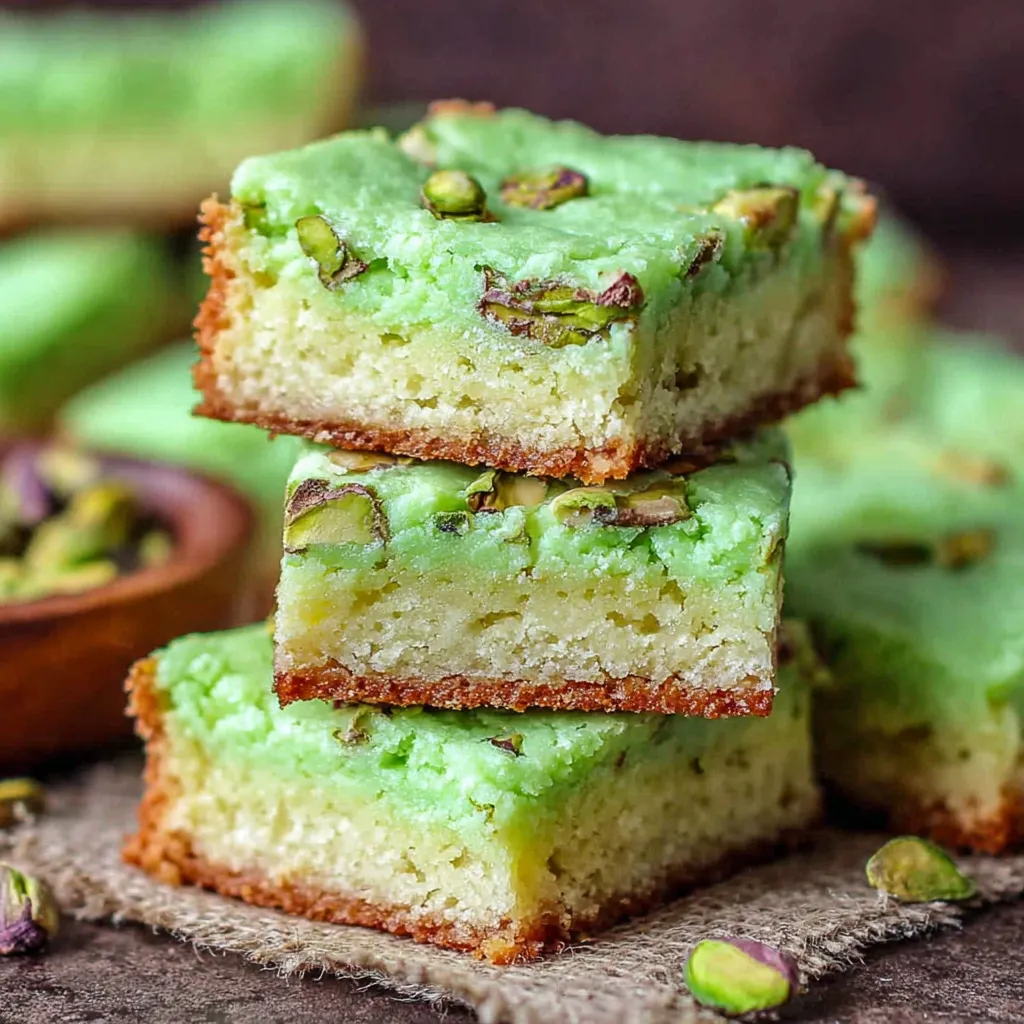 A stack of pistachio pudding sugar cookie bars.