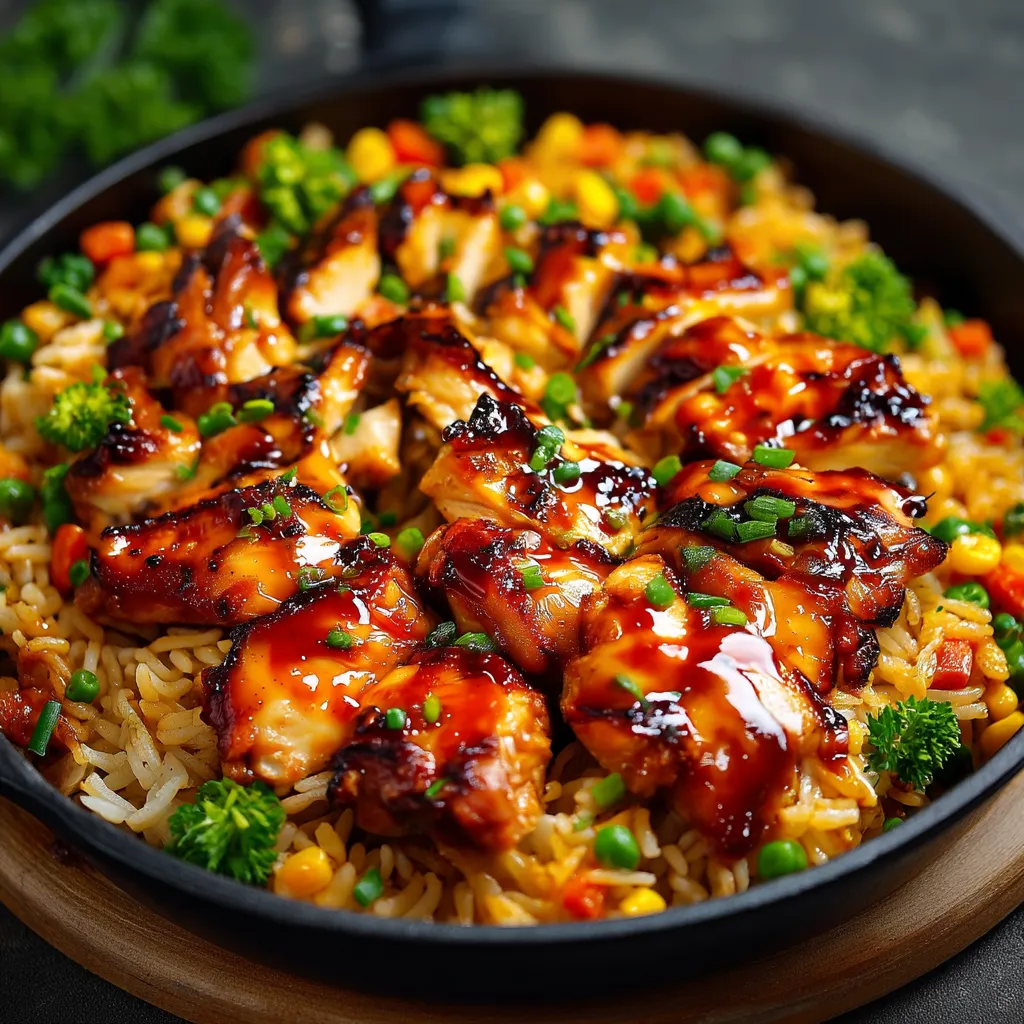 A plate of honey BBQ chicken and rice.