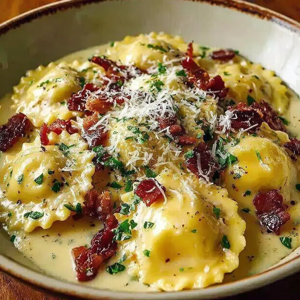A bowl of pasta with bacon and cheese.