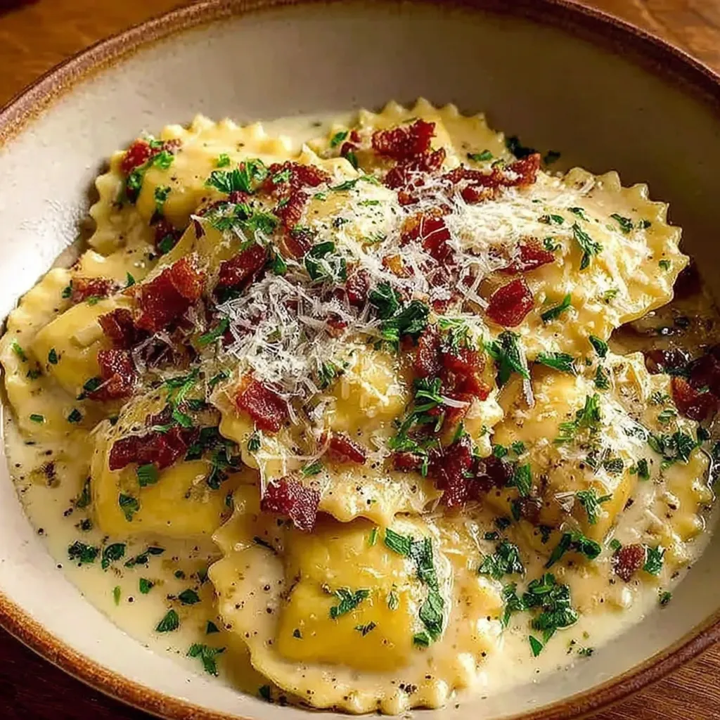 A bowl of pasta with cheese and bacon.