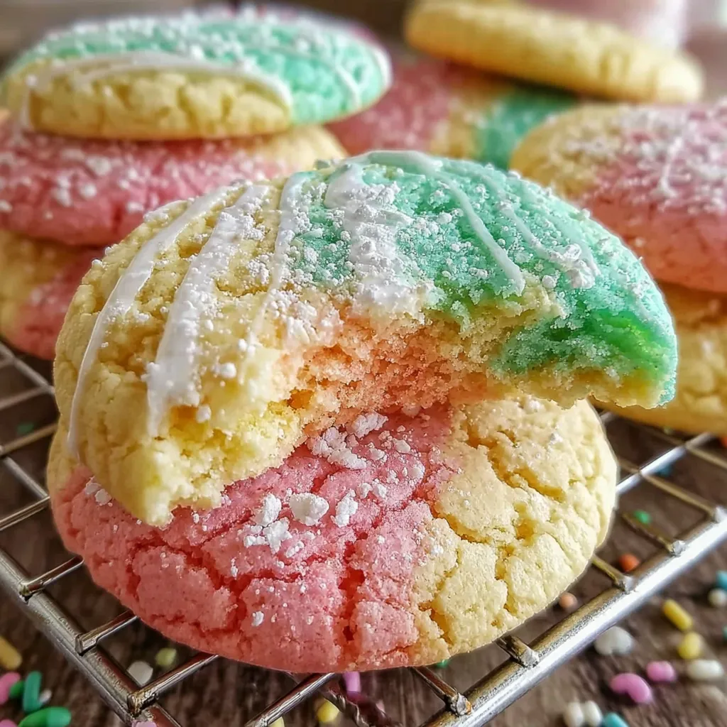 Rainbow sherbet cookies on a cooling rack.