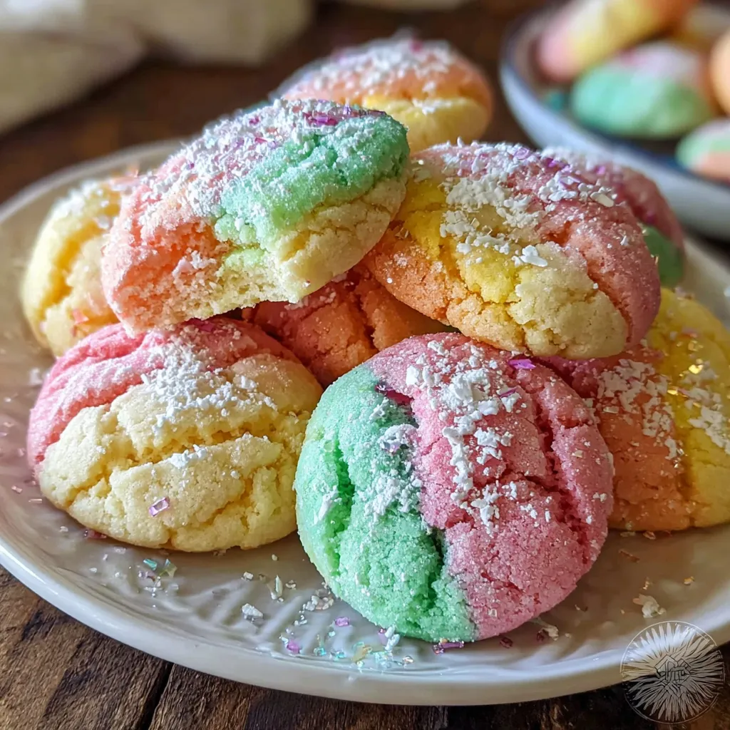 Rainbow sherbet cookies on a plate.