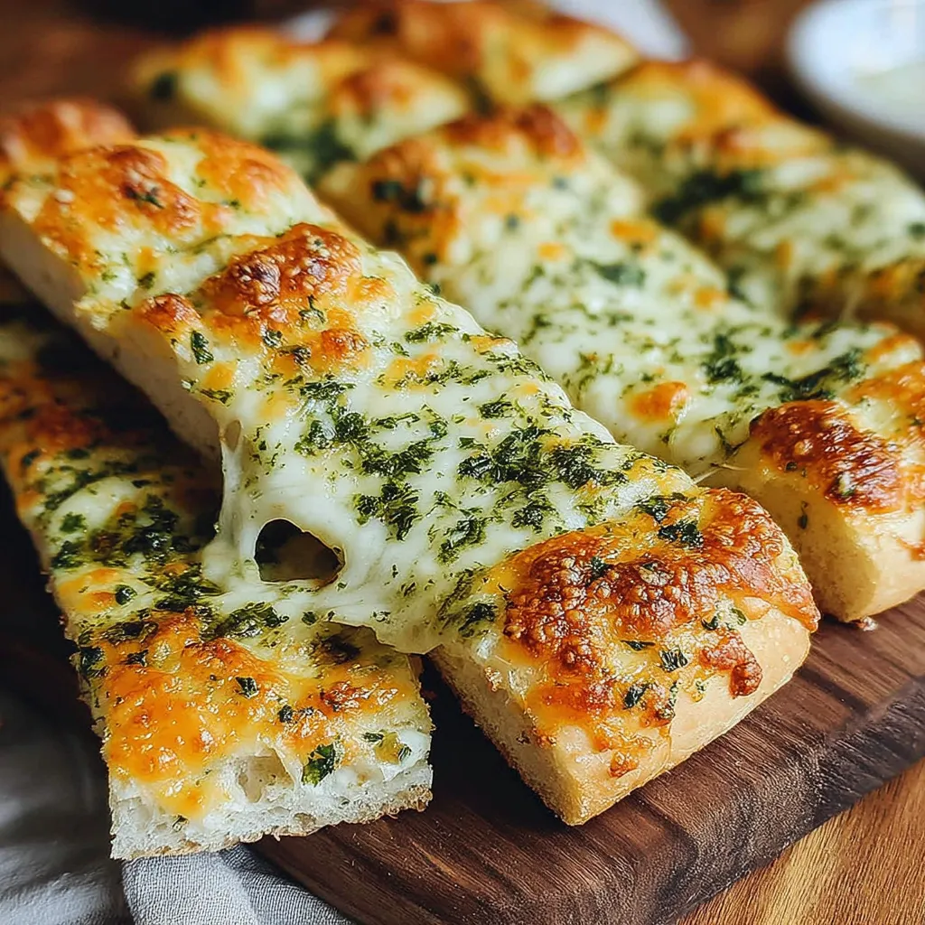 Sourdough cheesy breadsticks on a wooden board.