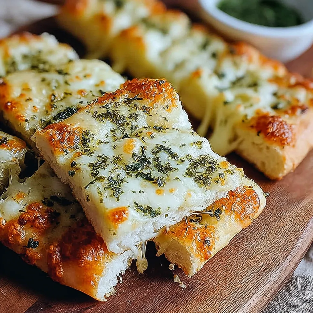 Sourdough cheesy breadsticks on a wooden board.