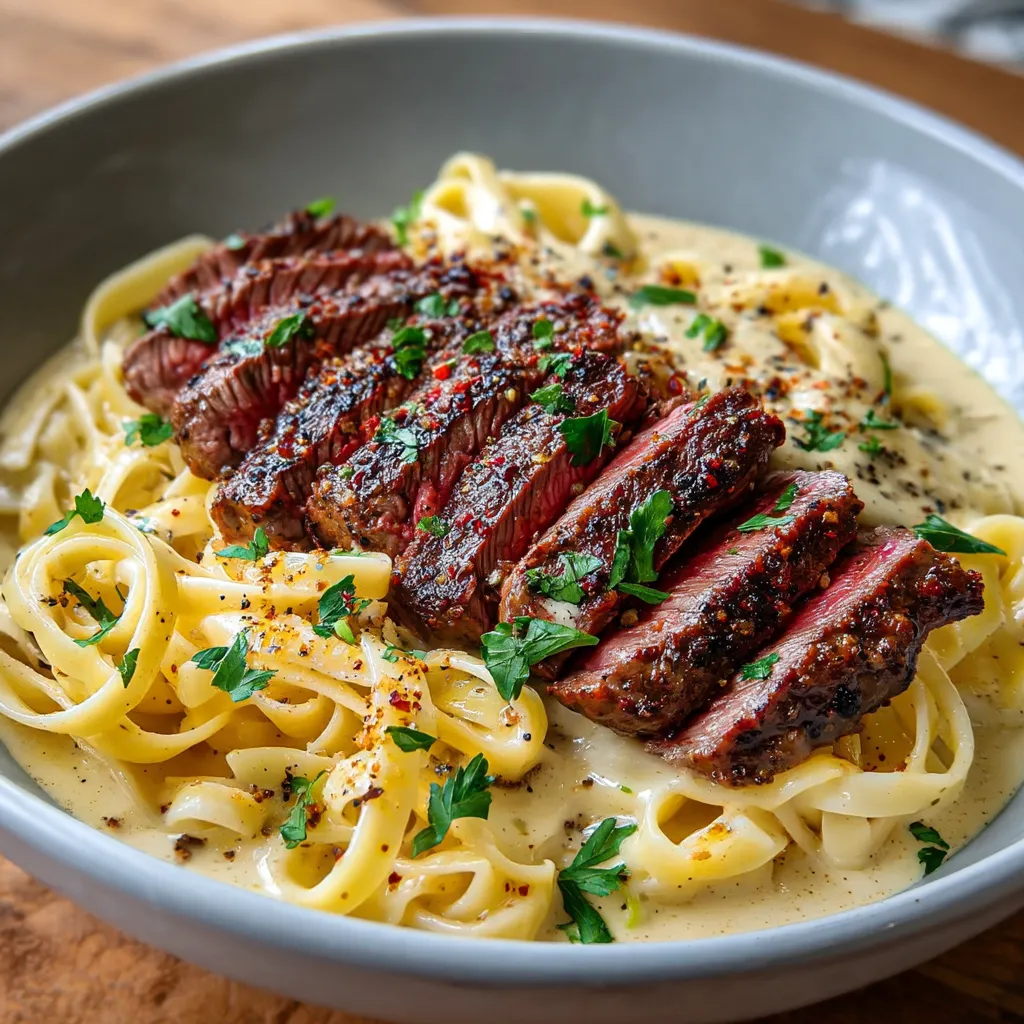 A bowl of Cajun Steak Alfredo.