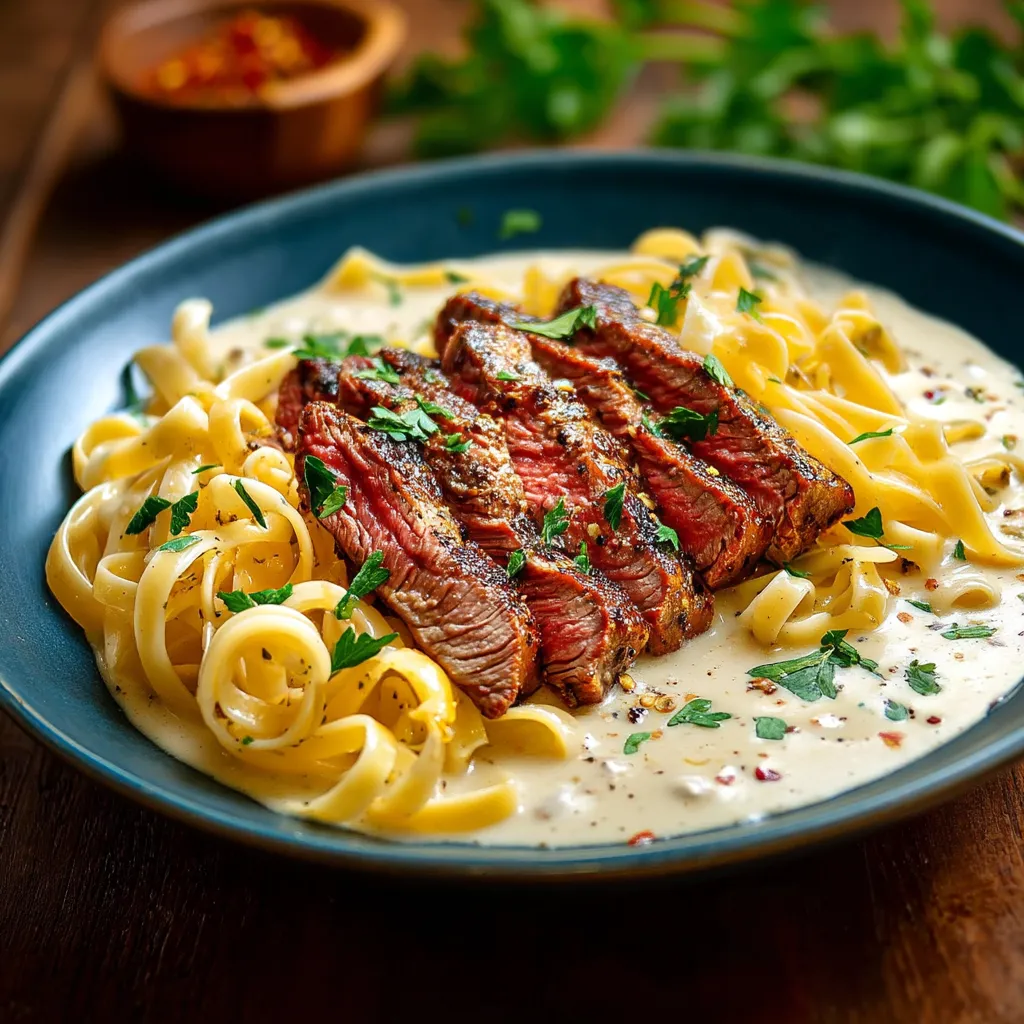 A plate of food with a steak and noodles.