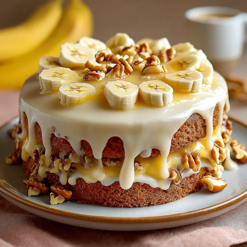 A cake with bananas and walnuts on top.