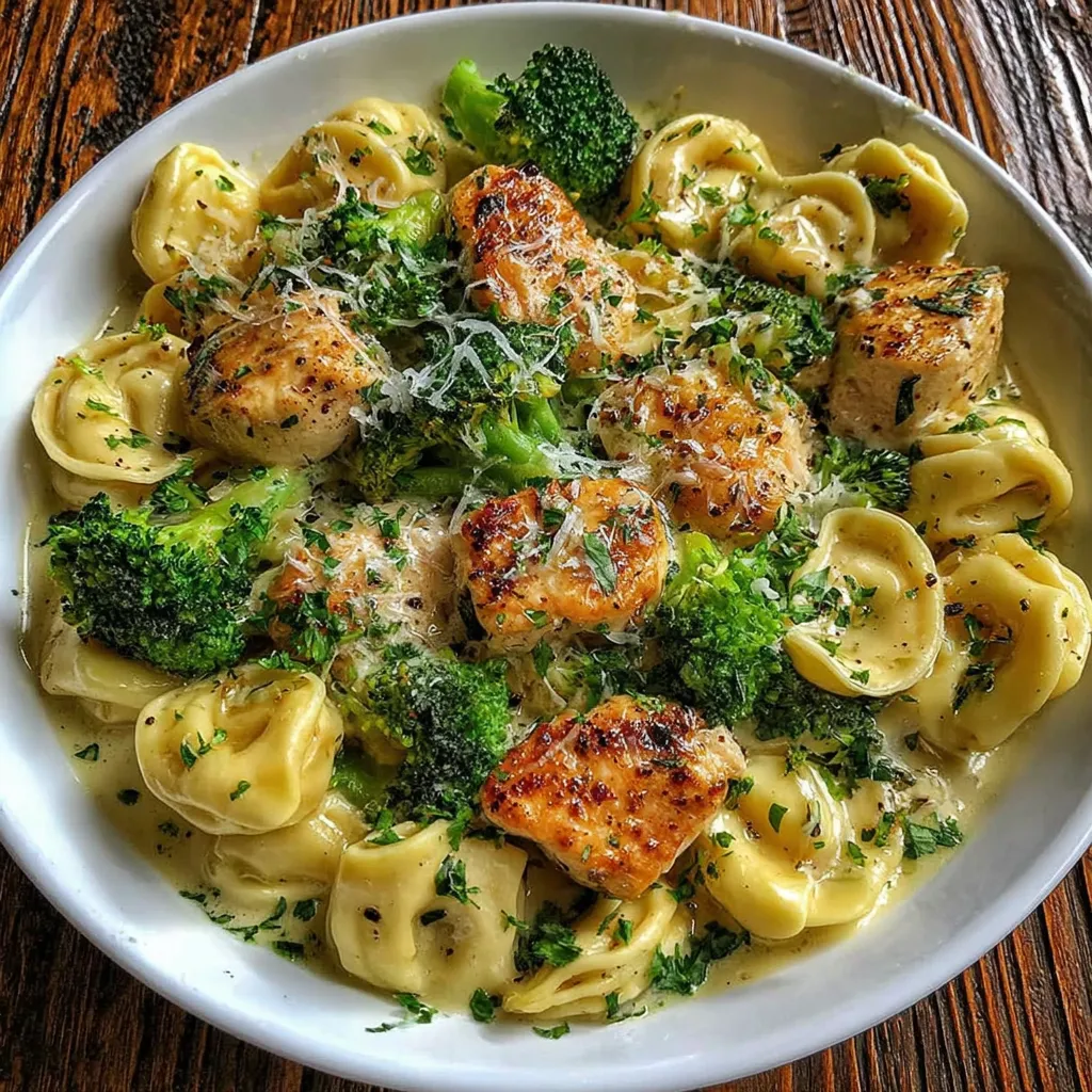 A plate of garlic Parmesan chicken tortellini.