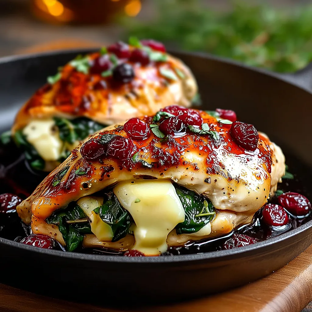 A plate of chicken with spinach and cranberries.