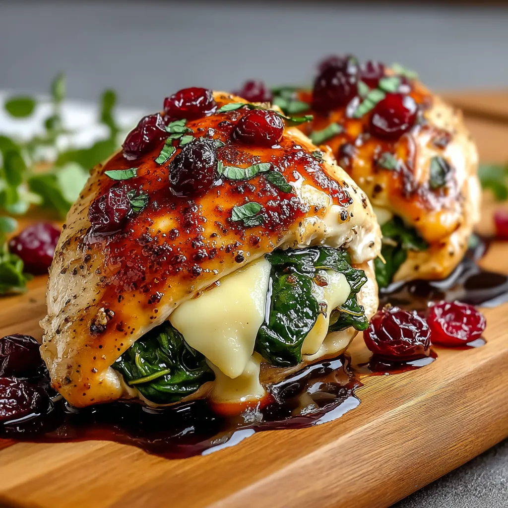 A plate of stuffed chicken breasts with spinach and cranberries.