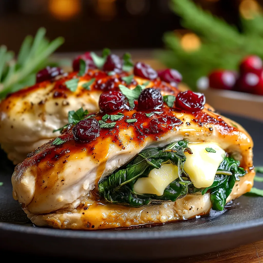 A plate of chicken with spinach and cranberries.