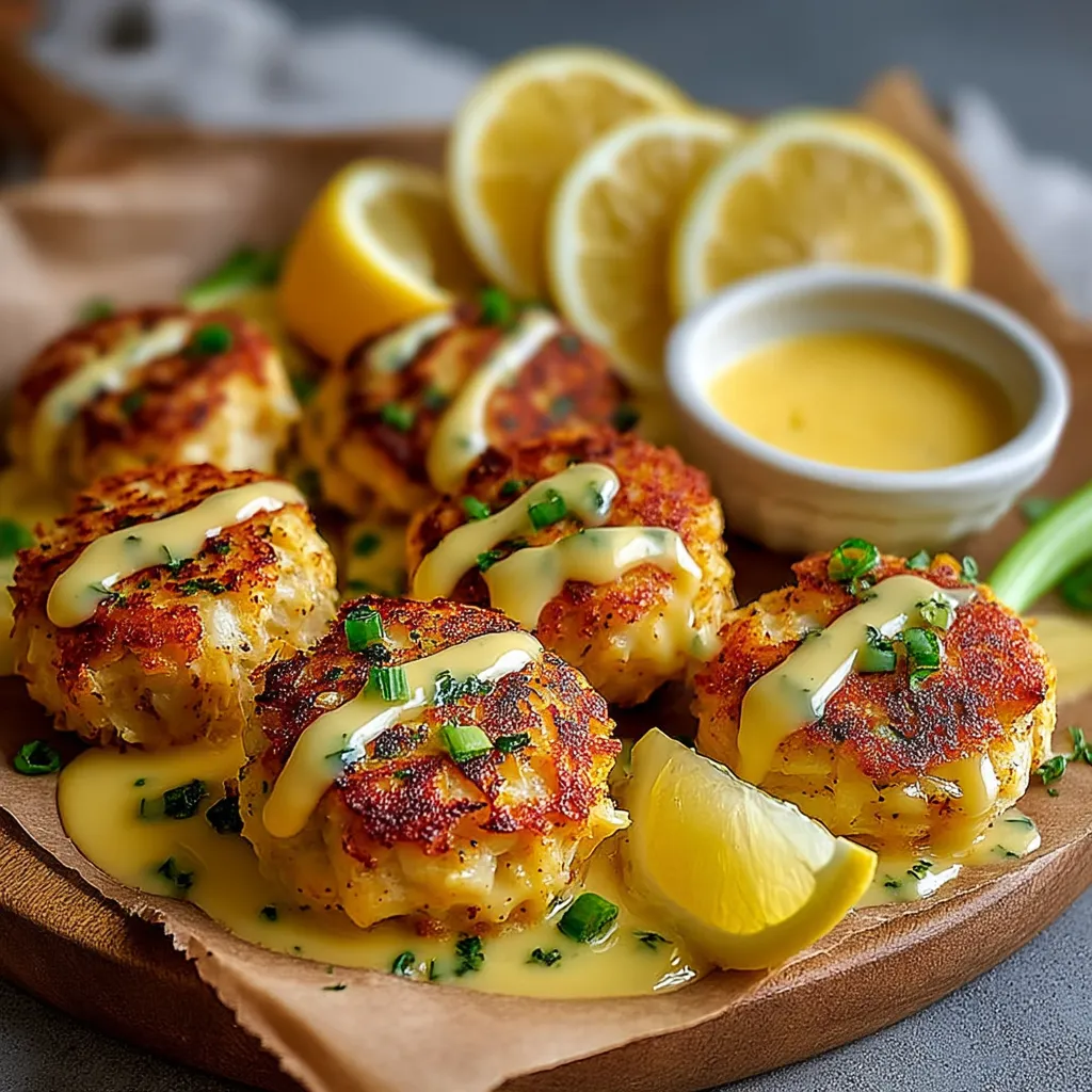 A plate of crab cakes with lemon butter drizzle.