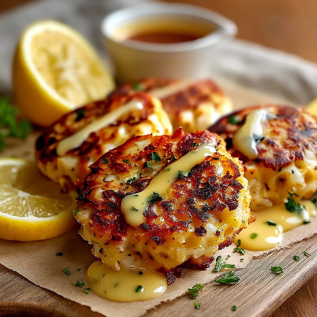 Cheddar Bay Crab Cakes with Lemon Butter Drizzle.
