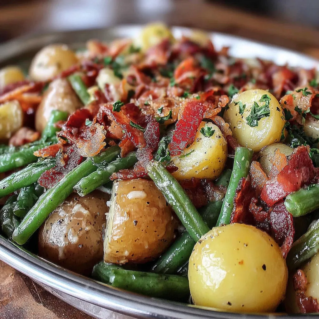 A plate of food with green beans and potatoes.
