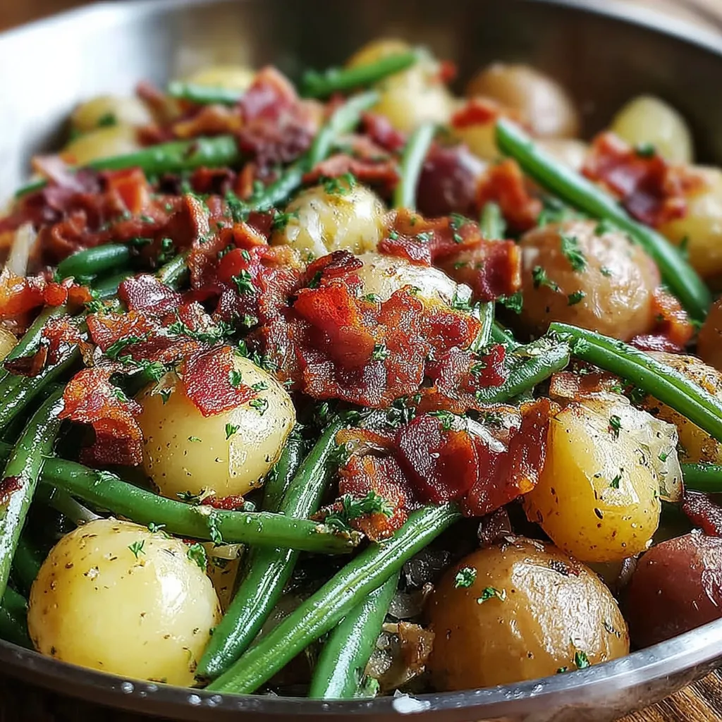 A bowl of green beans and potatoes.