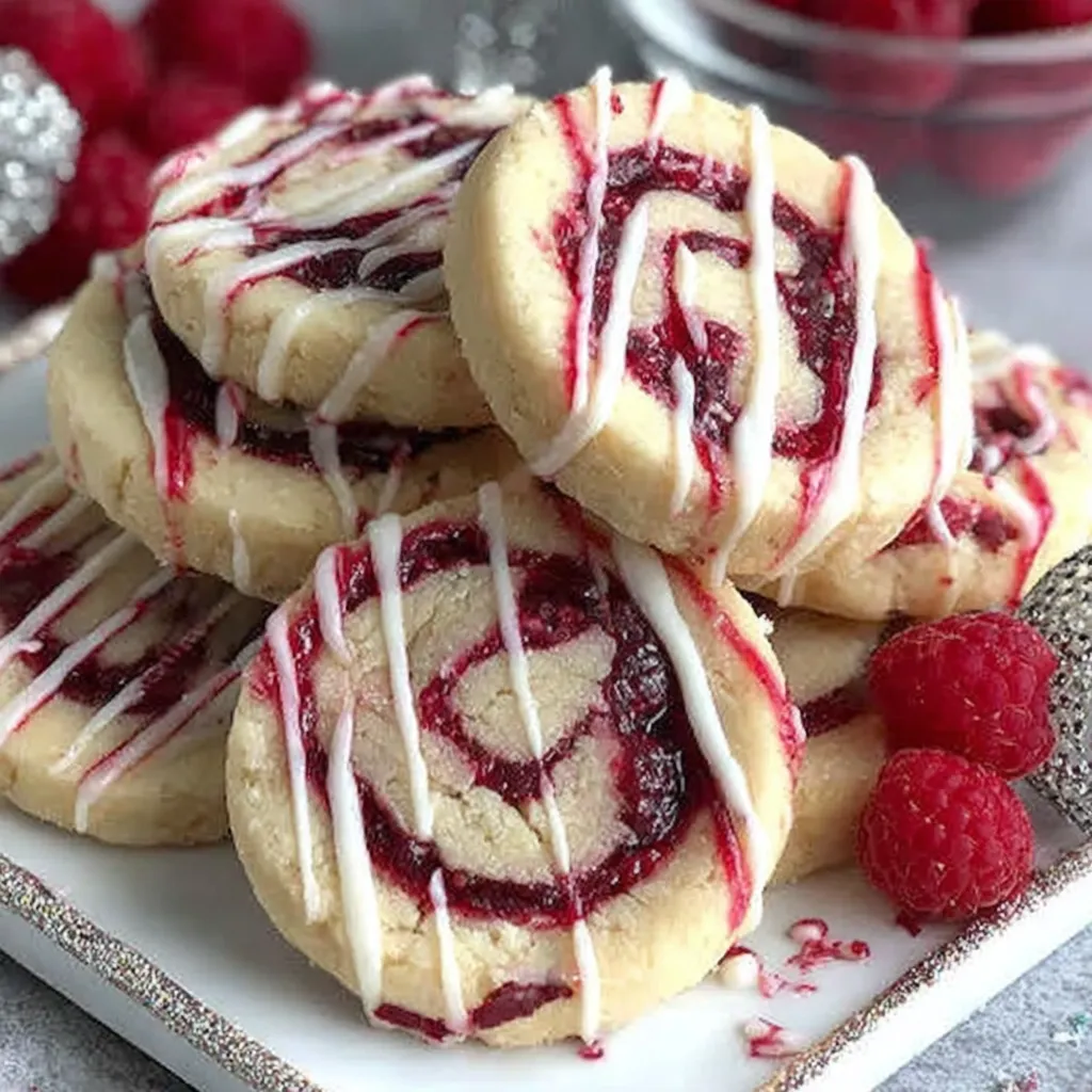 A stack of raspberry swirl shortbread cookies.