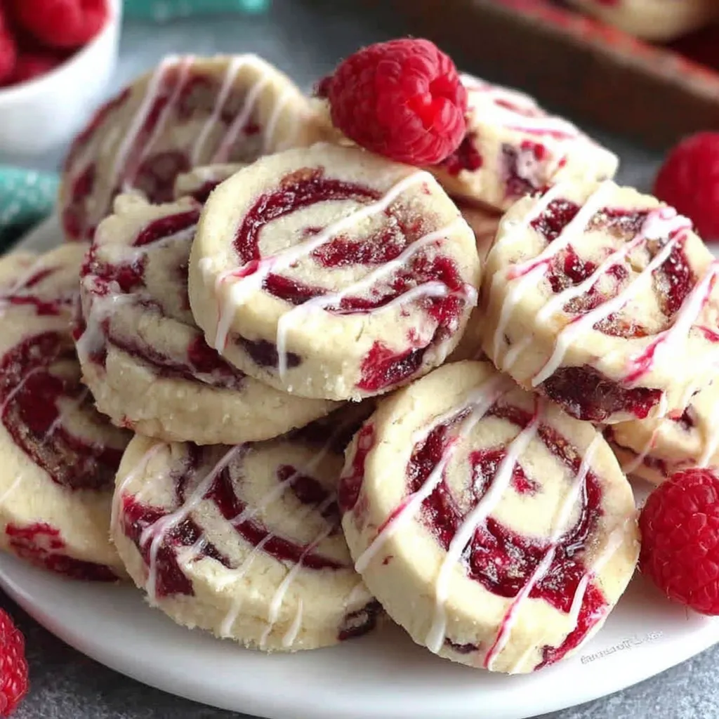 A plate of cookies with white frosting and raspberries on top.