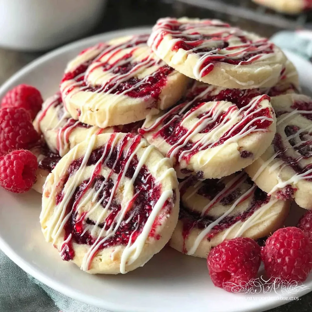 A plate of cookies with white icing and red raspberries.