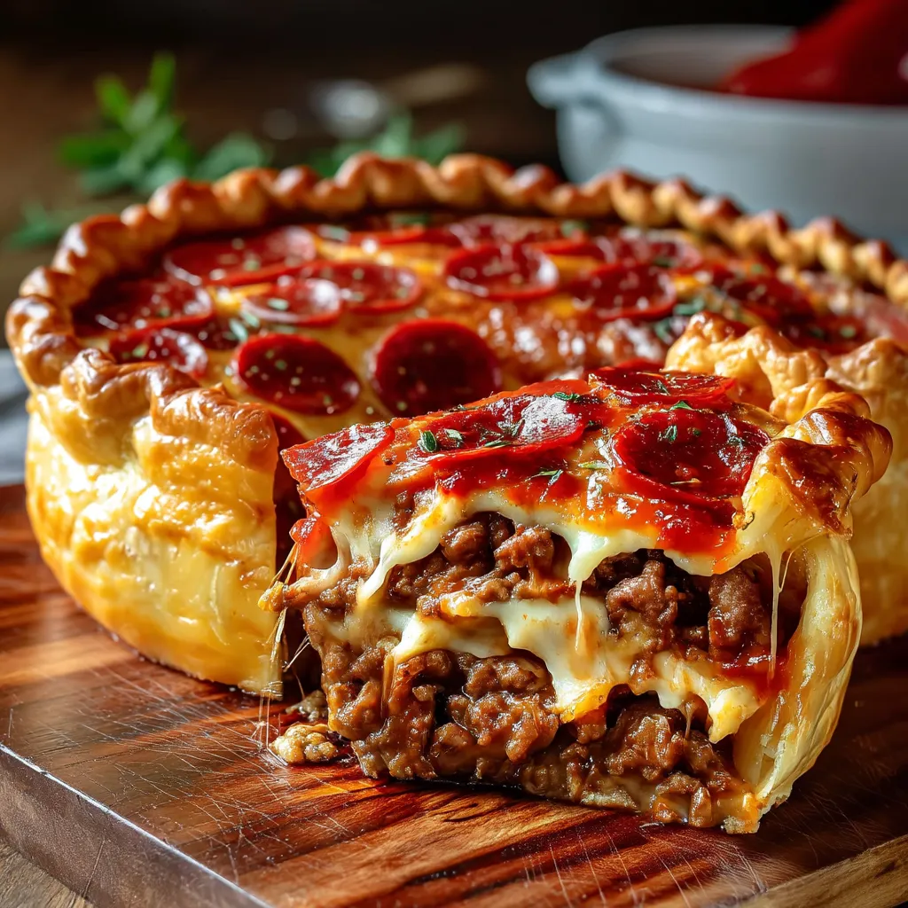 A deep hamburger, sausage and pepperoni pie.