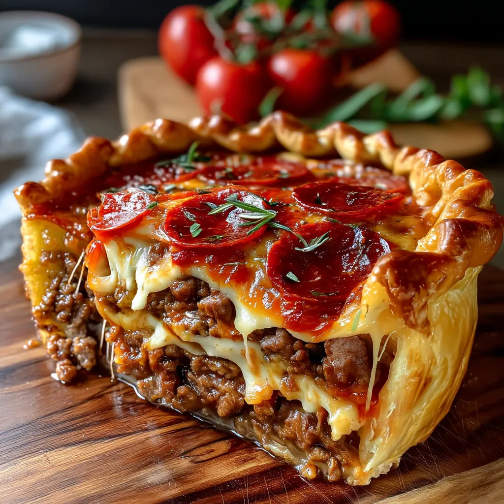 A deep hamburger, sausage and pepperoni pie.