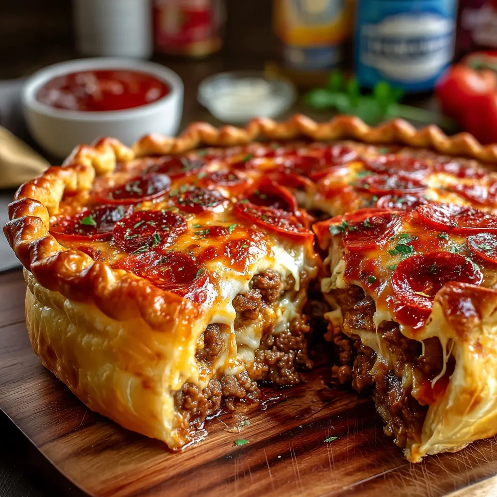 A deep hamburger, sausage and pepperoni pie.