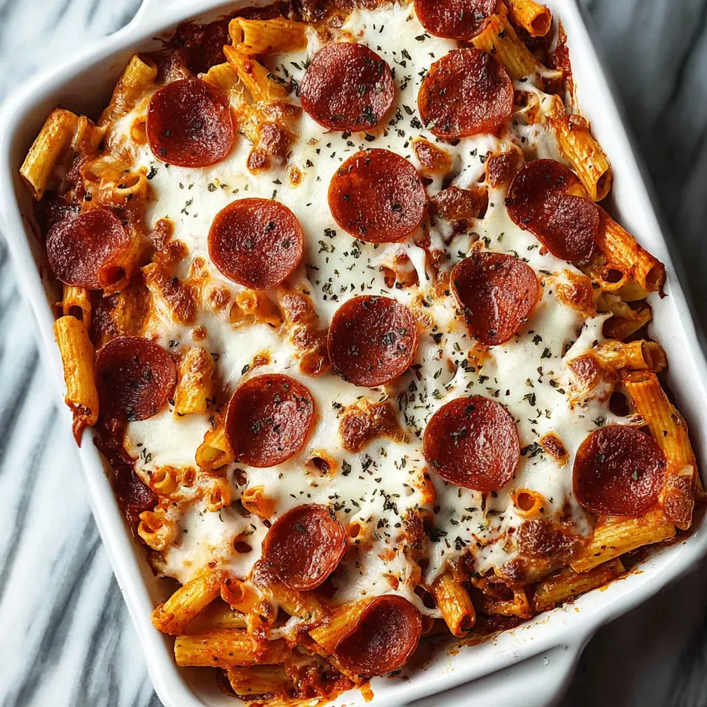 A dish of pasta with pepperoni and cheese.