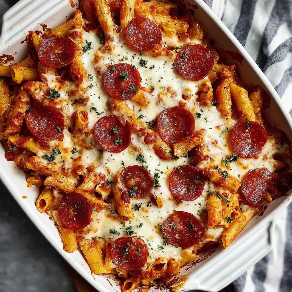 A dish of pasta and pepperoni.