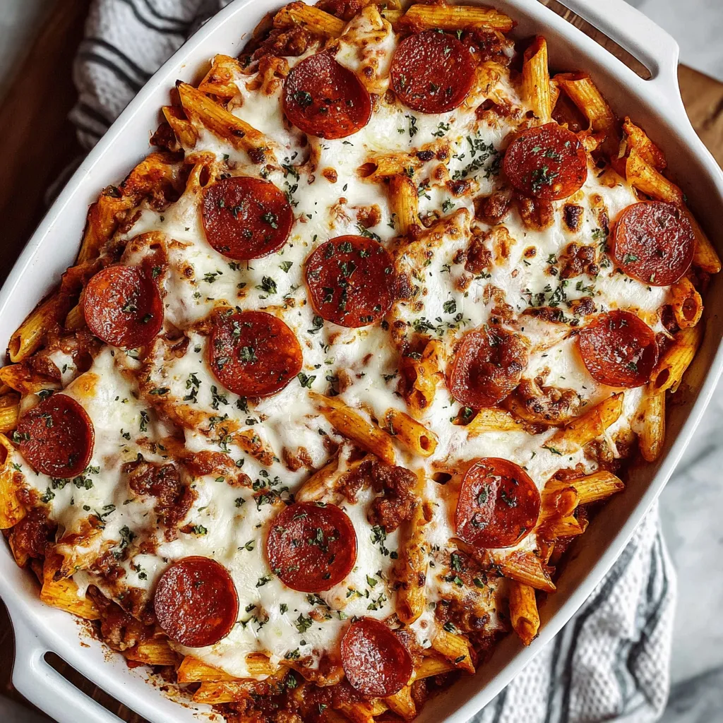 A dish of pasta with pepperoni and cheese.